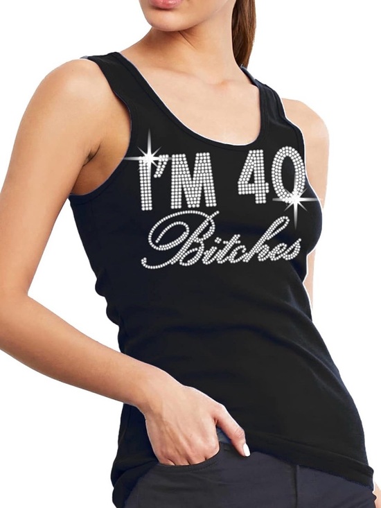 Tops - Women's 'I'm 40 Bitches' Rhinestone Tank Top 2XL + Wine Tumbler 12oz rose gold